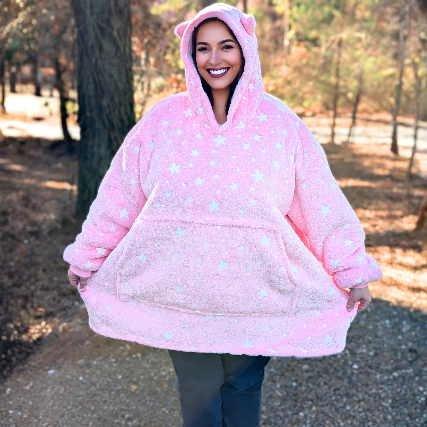 Pink Glow-in-the-Dark Star Cat Ear Oversized Hoodie Blanket