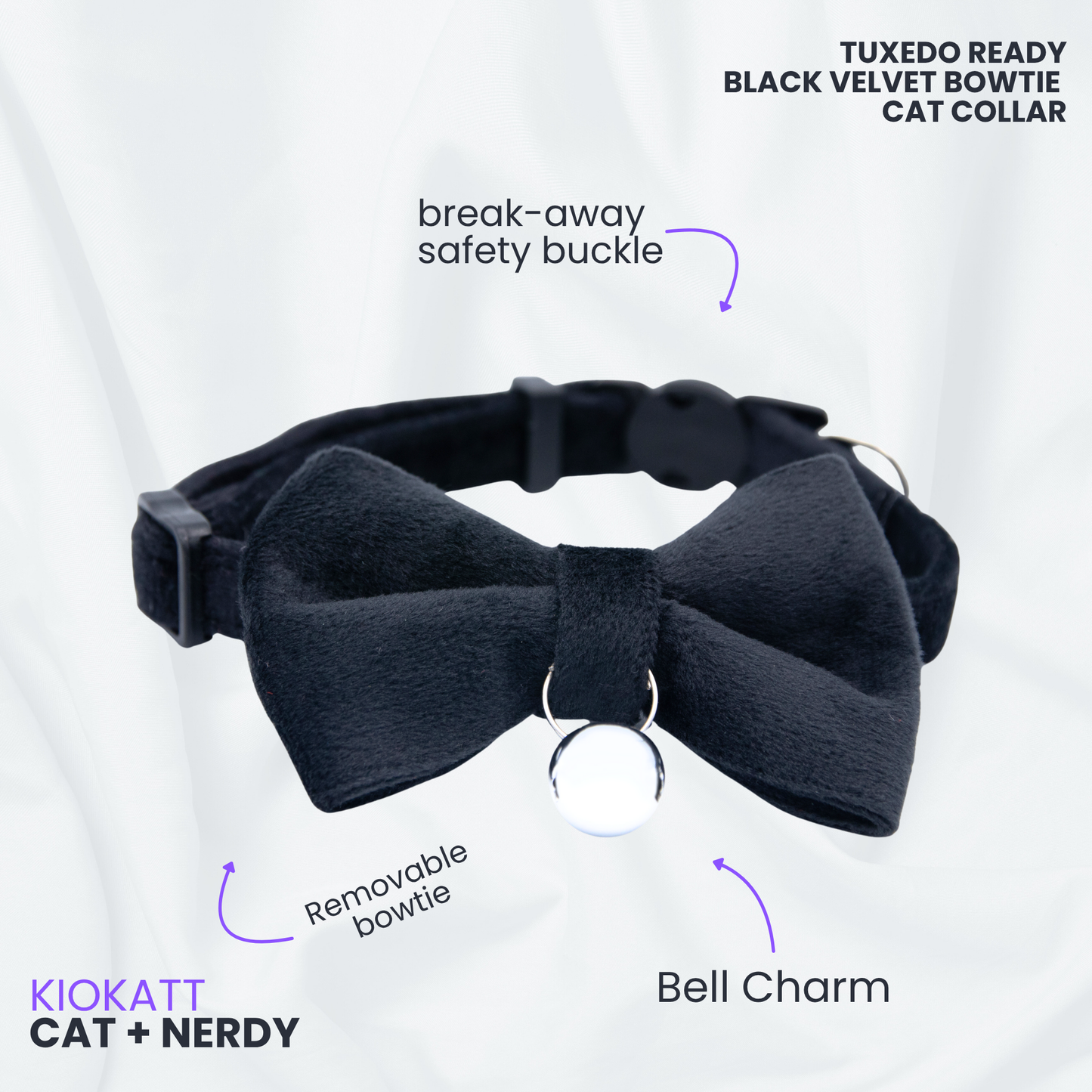 🖤 Midnight Noir – Black Velvet Bowtie + Bell Cat Collar