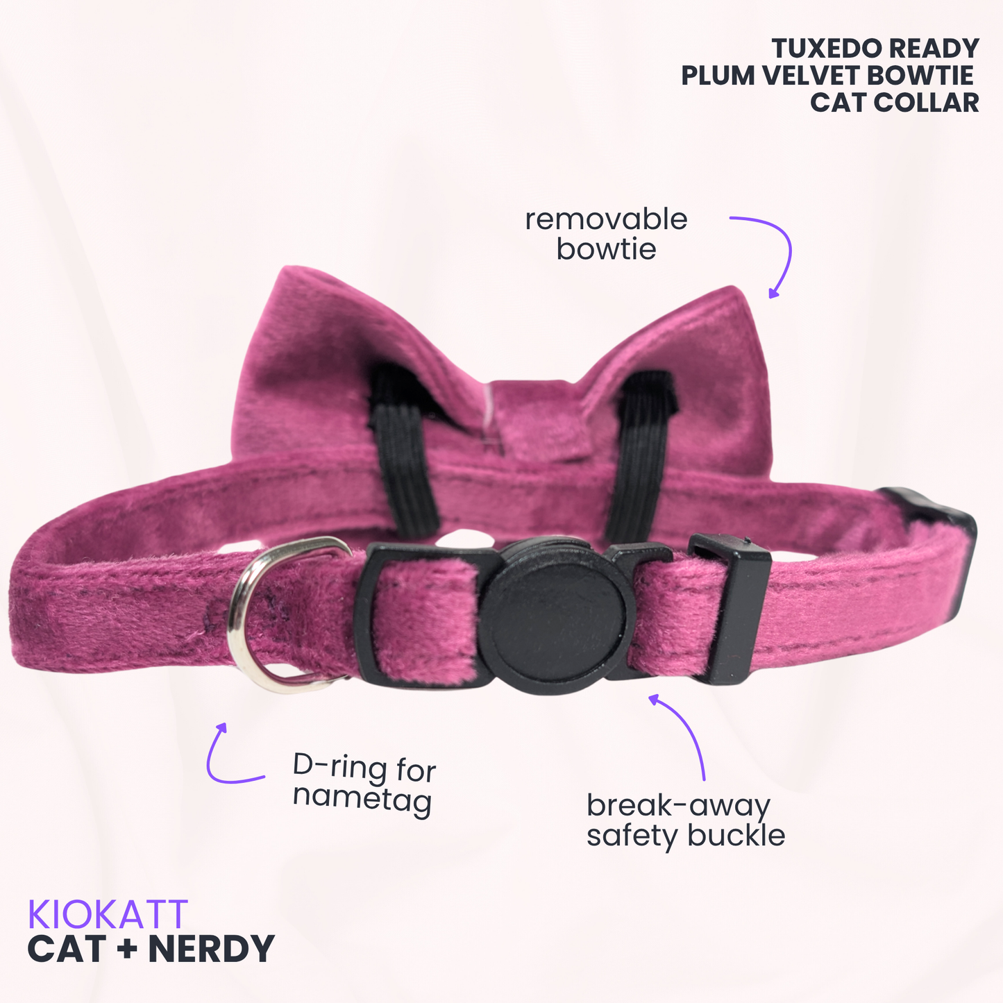 💜 Majestic Plum – Velvet Bowtie + Bell Cat Collar
