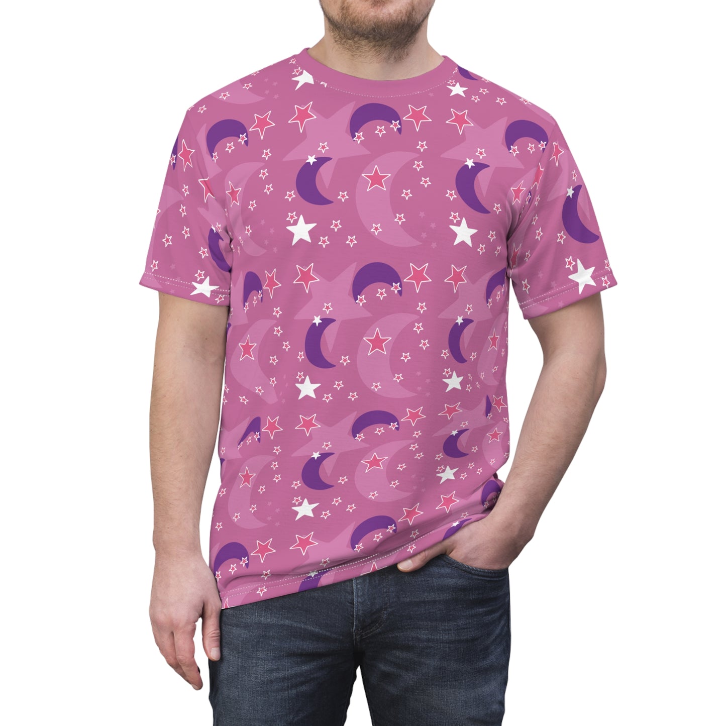 Celestial Pink Stars + Moons Oversized Tee – Anime-Inspired Style