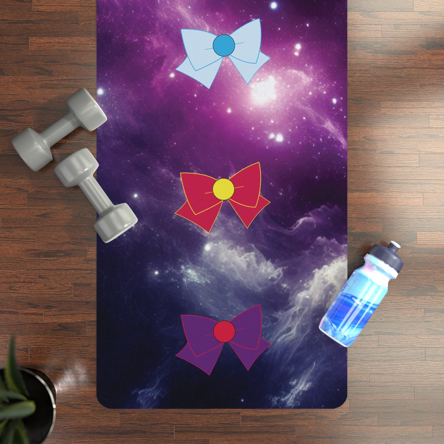 Colorful Bows and Cosmic Space Pattern Yoga Mat - Non-Slip Rubber Exercise Mat for Home & Studio