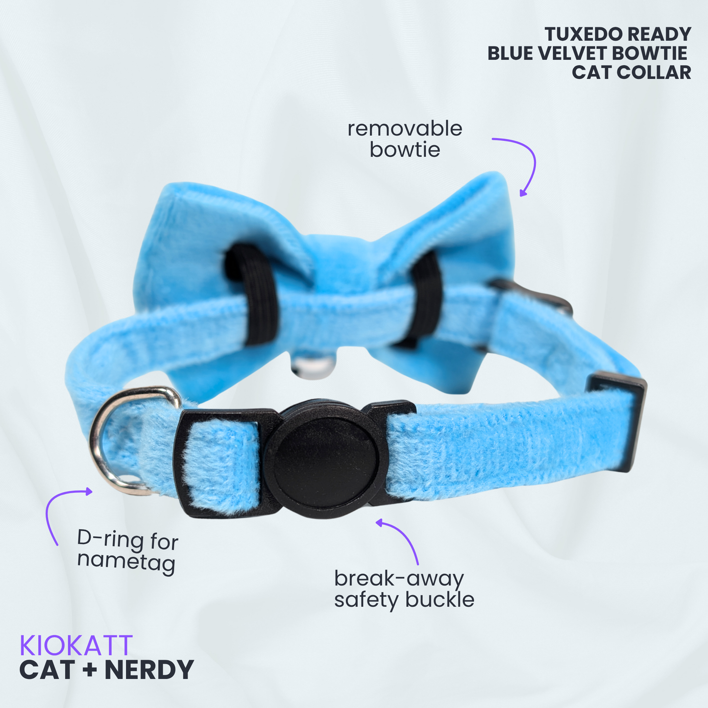 ๐ Blue Breeze โ Velvet Bowtie + Bell Cat Collar