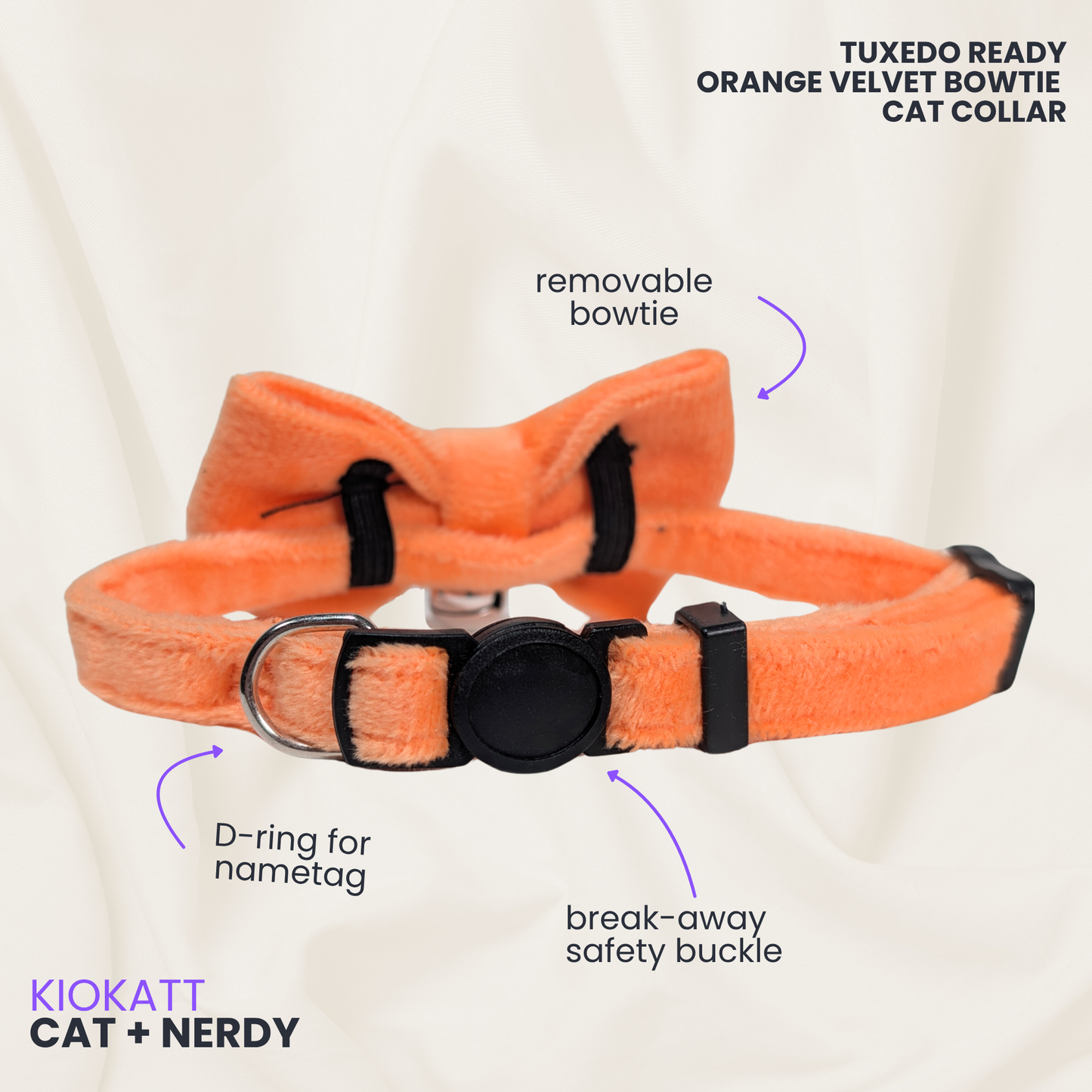 🧡 Bright Pumpkin – Velvet Bowtie + Bell Cat Collar