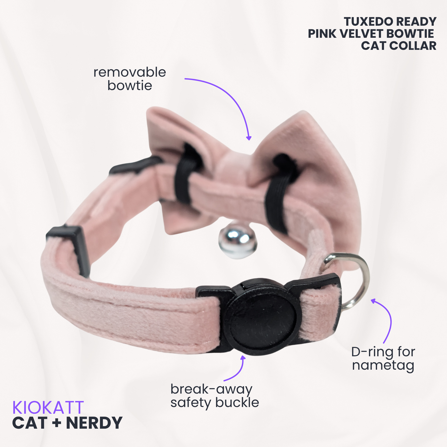 💗 Soft Pink – Velvet Bowtie + Bell Cat Collar