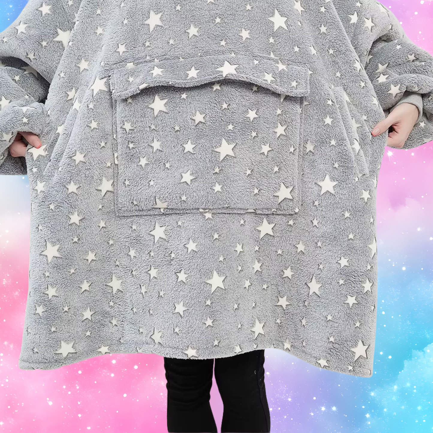 Grey Glow-in-the-Dark Star Cat Ear Oversized Hoodie Blanket