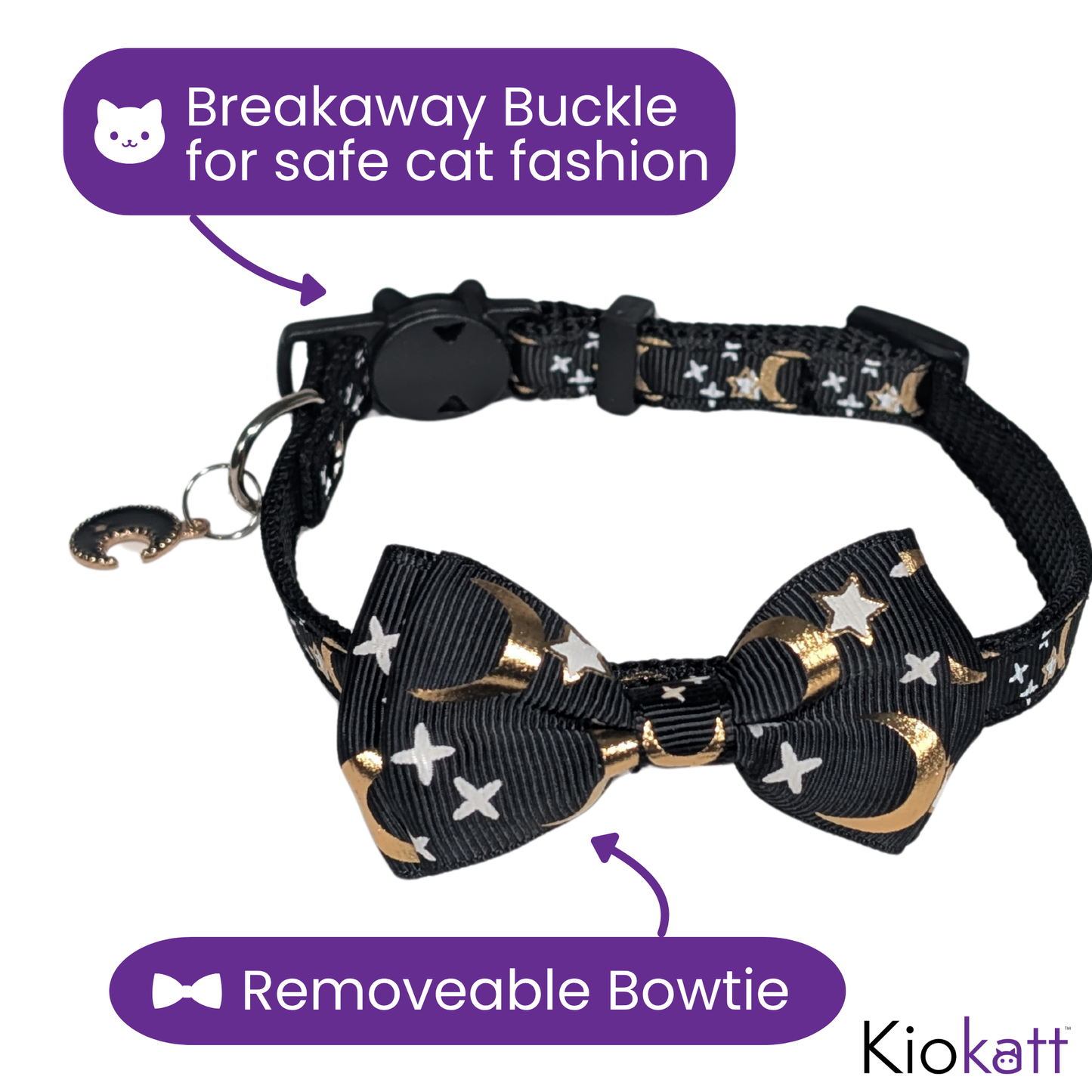 Midnight Moon – Black Celestial Nylon Bowtie Cat Collar