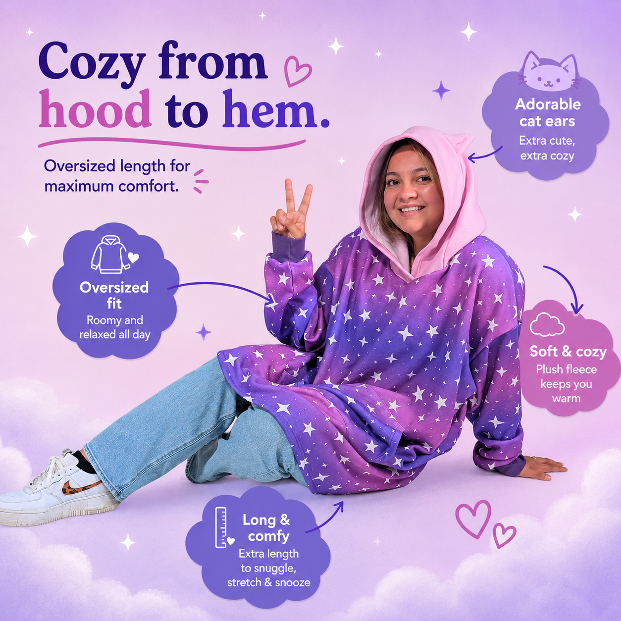 Oversized Cat-Ear Hoodie – Purple + Pink Ombre with Stars