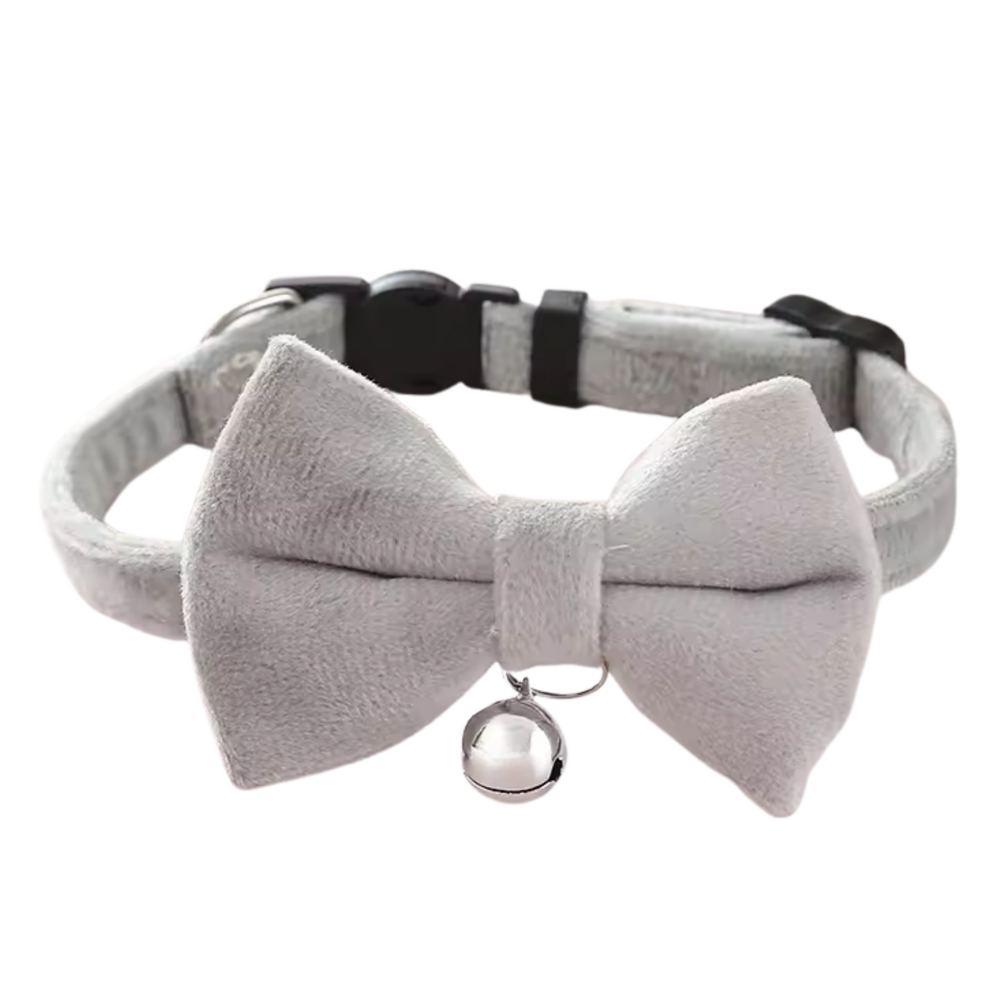🩶 Classic Grey – Velvet Bowtie + Bell Cat Collar