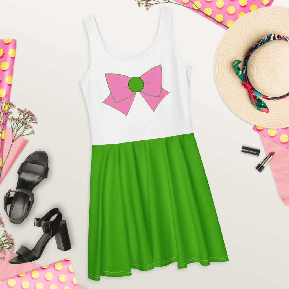 Thunder & Nature Skater Dress – Green & Pink Casual Cosplay
