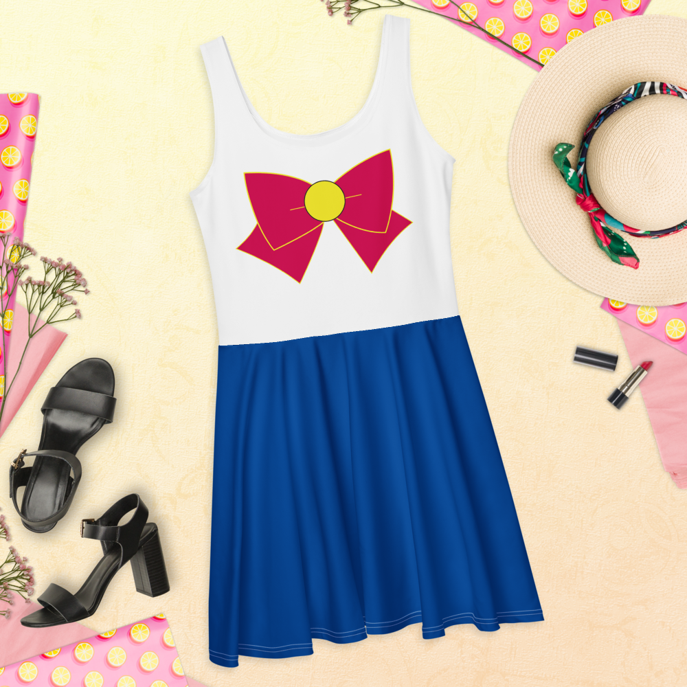 Moonlit Guardian Skater Dress – Casual Cosplay with Printed Bow