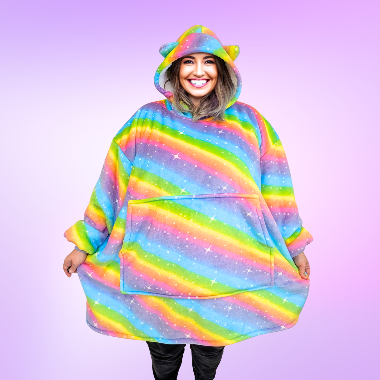 Rainbow Star Cat Ear Oversized Hoodie Blanket