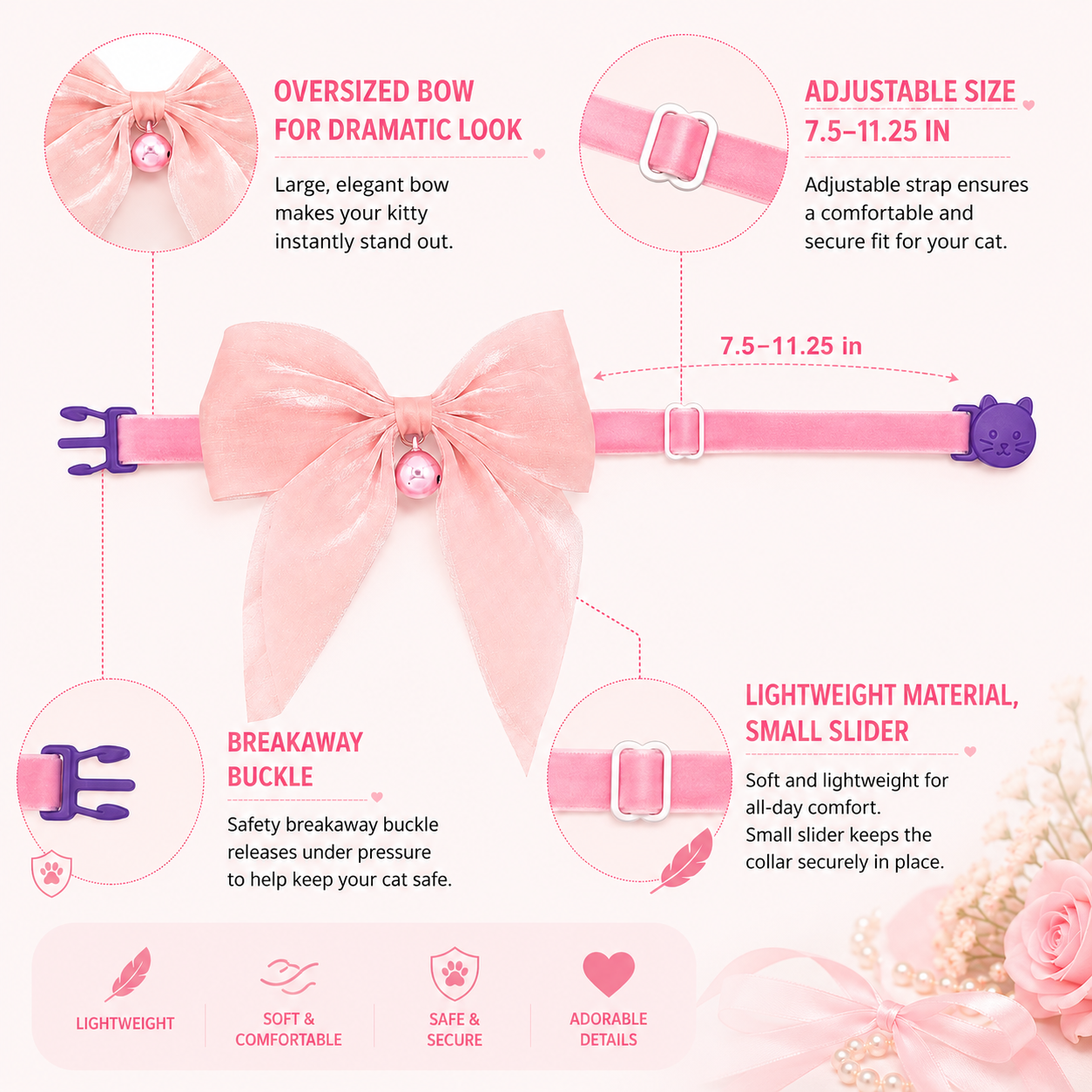 Darling Pink Satin Bow Cat Collar