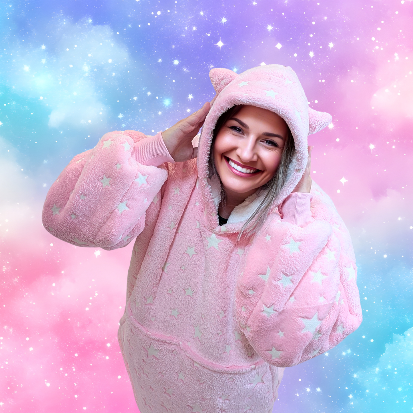 Glow-in-the-Dark Star Cat Ear Oversized Hoodie Blanket