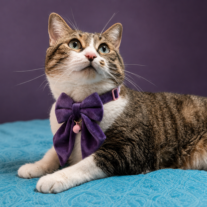 Purple Velvet Sailor Bow Cat Collar with Pink Bell