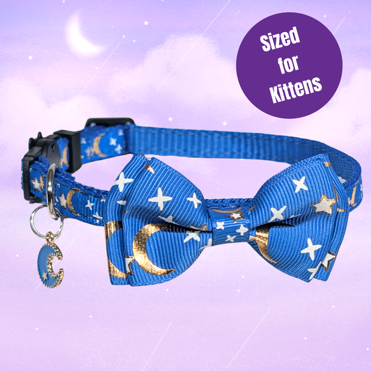 Cosmic Twilight – Blue Celestial Bowtie Kitten Collar (Small Size)