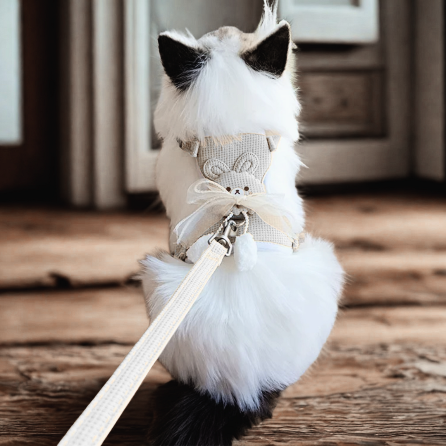 White Bunny Bow Cat Harness + Leash Set