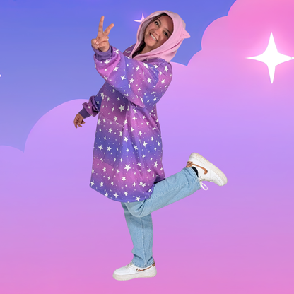 Oversized Cat-Ear Hoodie – Purple + Pink Ombre with Stars