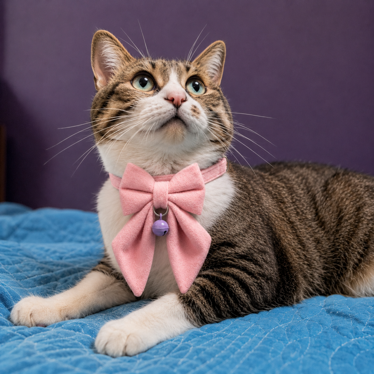 Pink Velvet Sailor Bow Cat Collar with Purple Bell