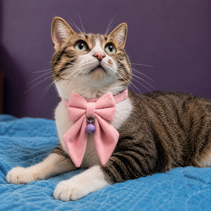 Pink Velvet Sailor Bow Cat Collar with Purple Bell