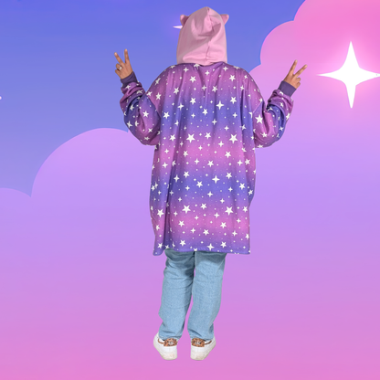 Oversized Cat-Ear Hoodie – Purple + Pink Ombre with Stars