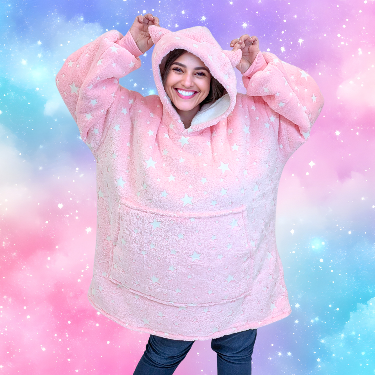 Glow-in-the-Dark Star Cat Ear Oversized Hoodie Blanket