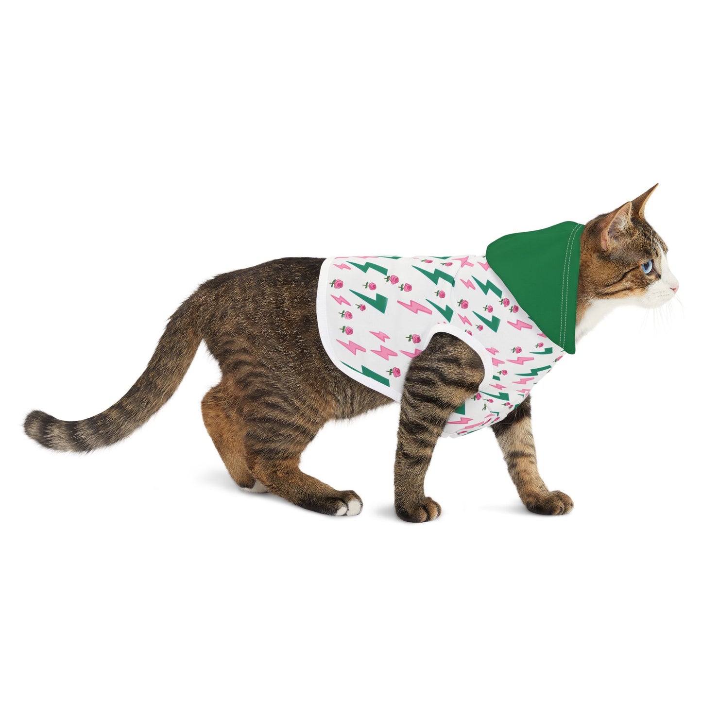 Thunder Goddess Cat Hoodie, Pink and Green Cute Thunderbolts and Roses