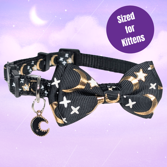 Midnight Moon – Black Celestial Bowtie Kitten Collar (Small Size)