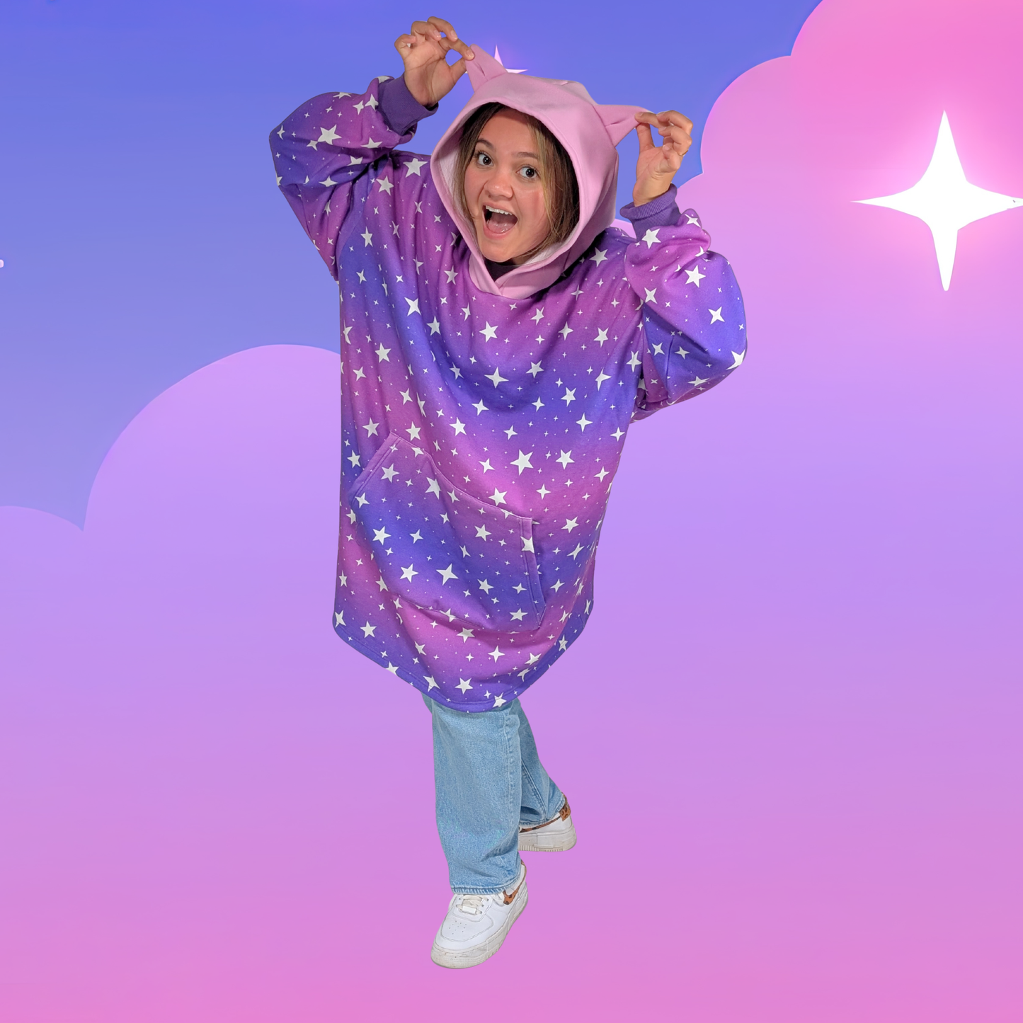 Oversized Cat-Ear Hoodie – Purple + Pink Ombre with Stars