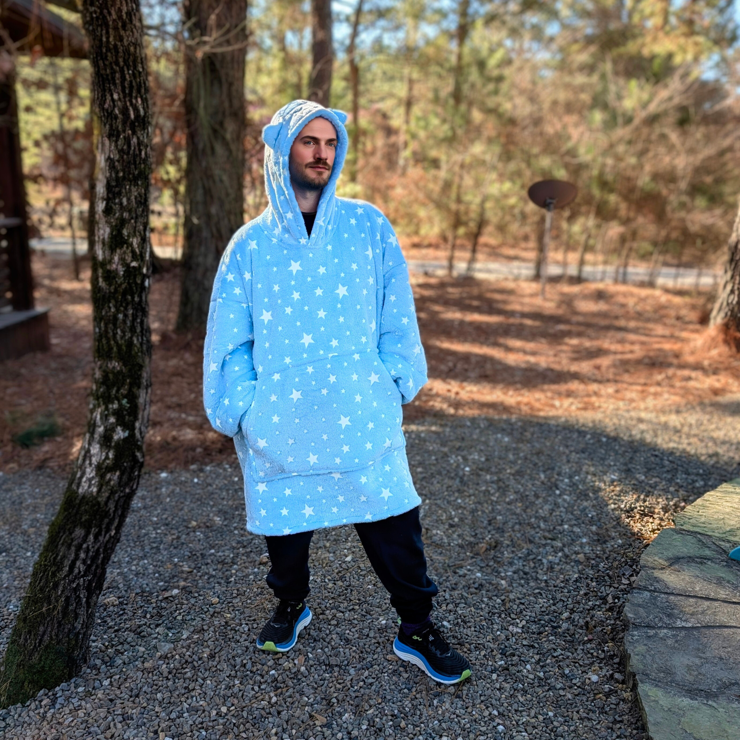 Blue Glow-in-the-Dark Star Cat Ear Oversized Hoodie Blanket