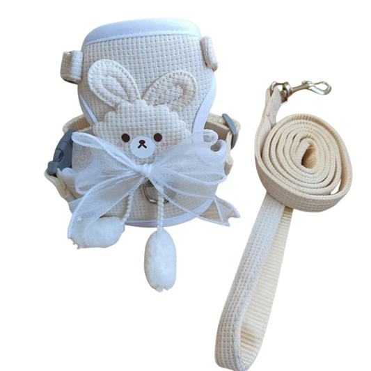 White Bunny Bow Cat Harness + Leash Set