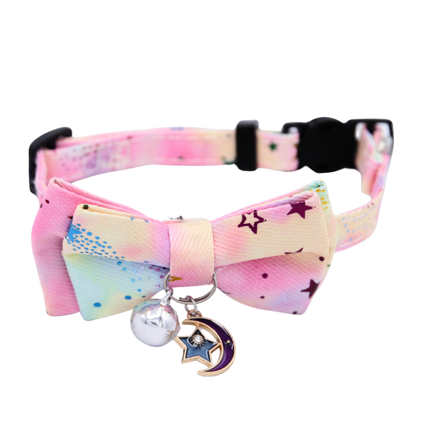 Dreamy Celestial Cat Collar with Bowtie & Bell – Moon & Star Charm (Pink)