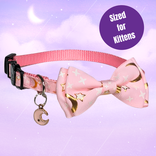 Starlit Blush – Pink Celestial Bowtie Kitten Collar (Small Size)