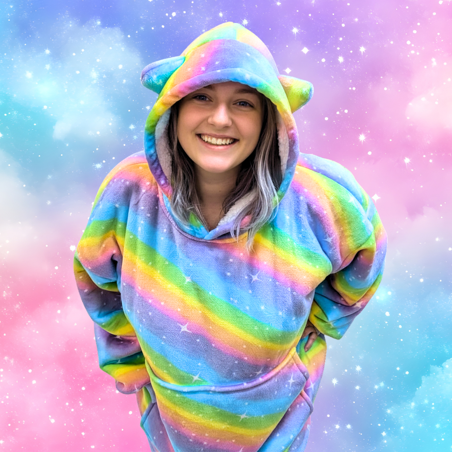 Rainbow Star Cat Ear Oversized Hoodie Blanket