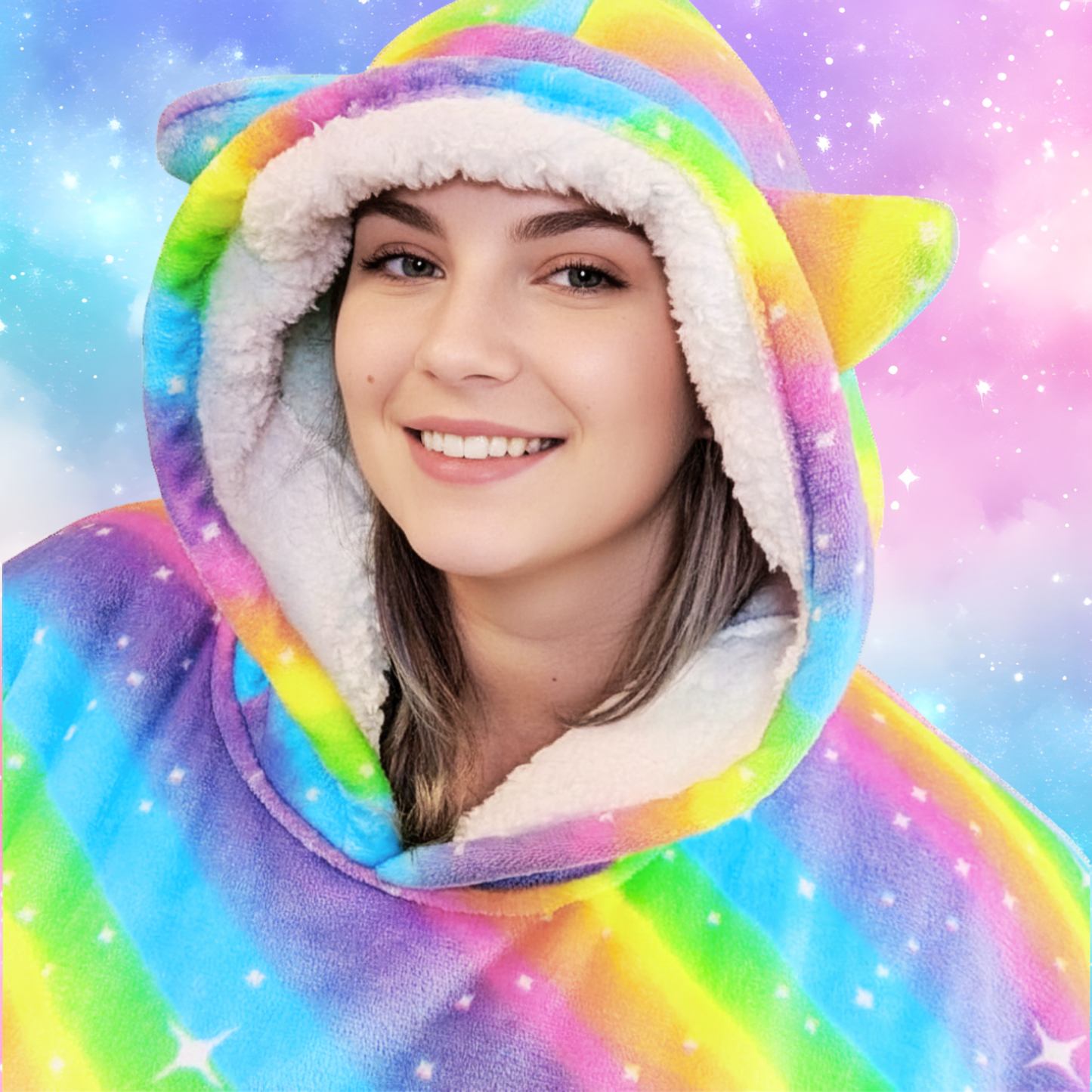 Rainbow Star Cat Ear Oversized Hoodie Blanket
