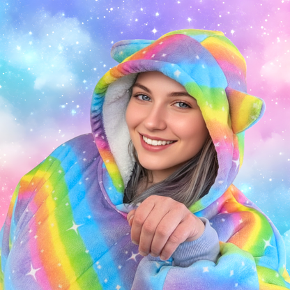 Rainbow Star Cat Ear Oversized Hoodie Blanket