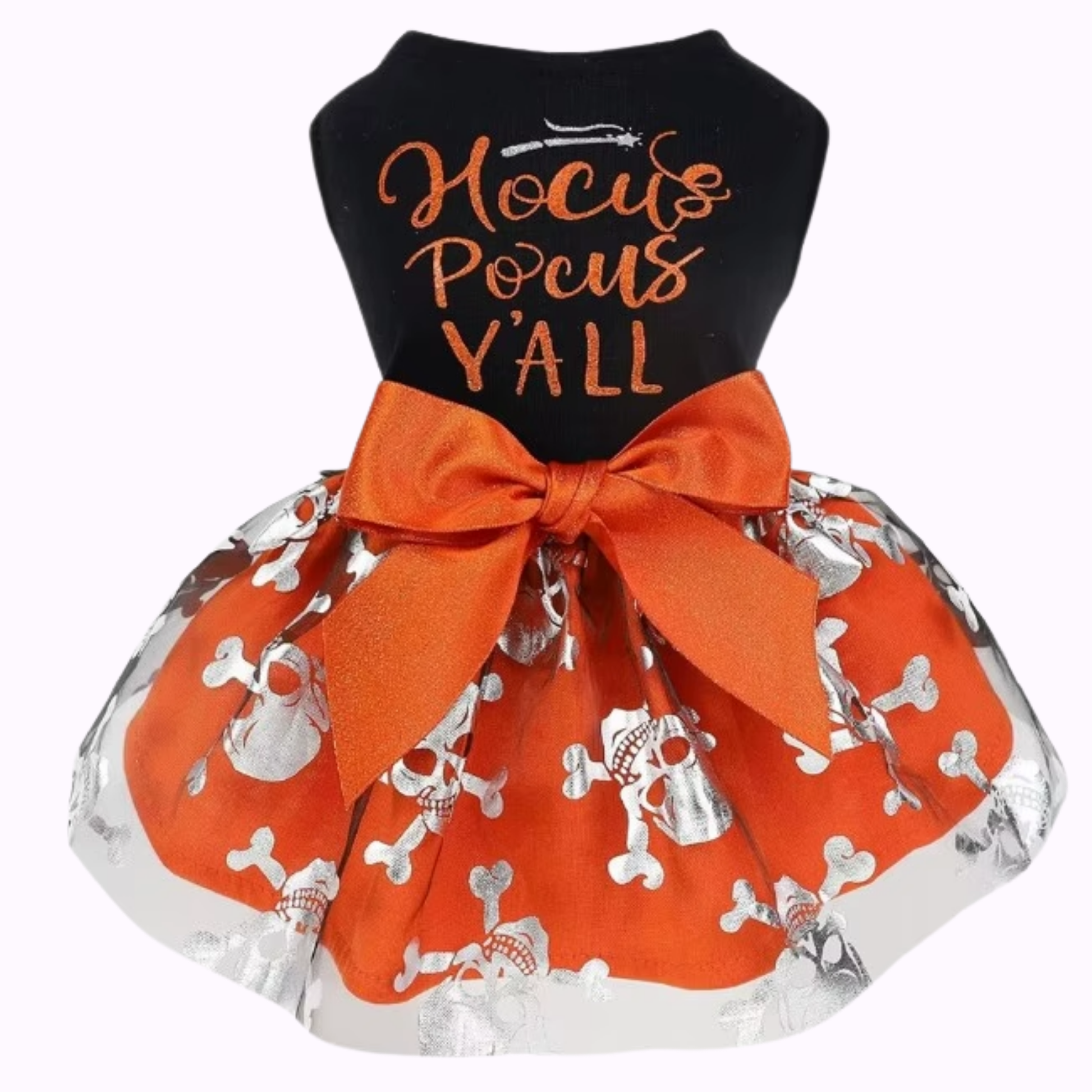 A Halloween pet dress with a black sleeveless top printed with 'Hocus Pocus Y'All' in orange, and a fluffy orange tutu skirt decorated with silver pirate skull and bone patterns and a large orange bow.