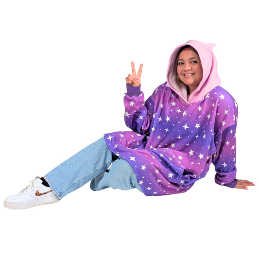 Cozy Hoodie Blanket with Cat Ears — Purple with Stars & Pink Hood