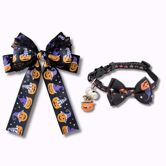 Halloween Pawsome pair - witchy pumpkin hair bow and cat collar