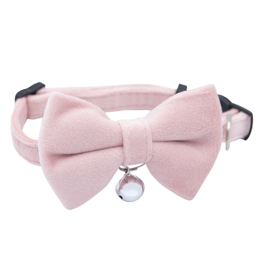 💗 Soft Pink – Velvet Bowtie + Bell Cat Collar