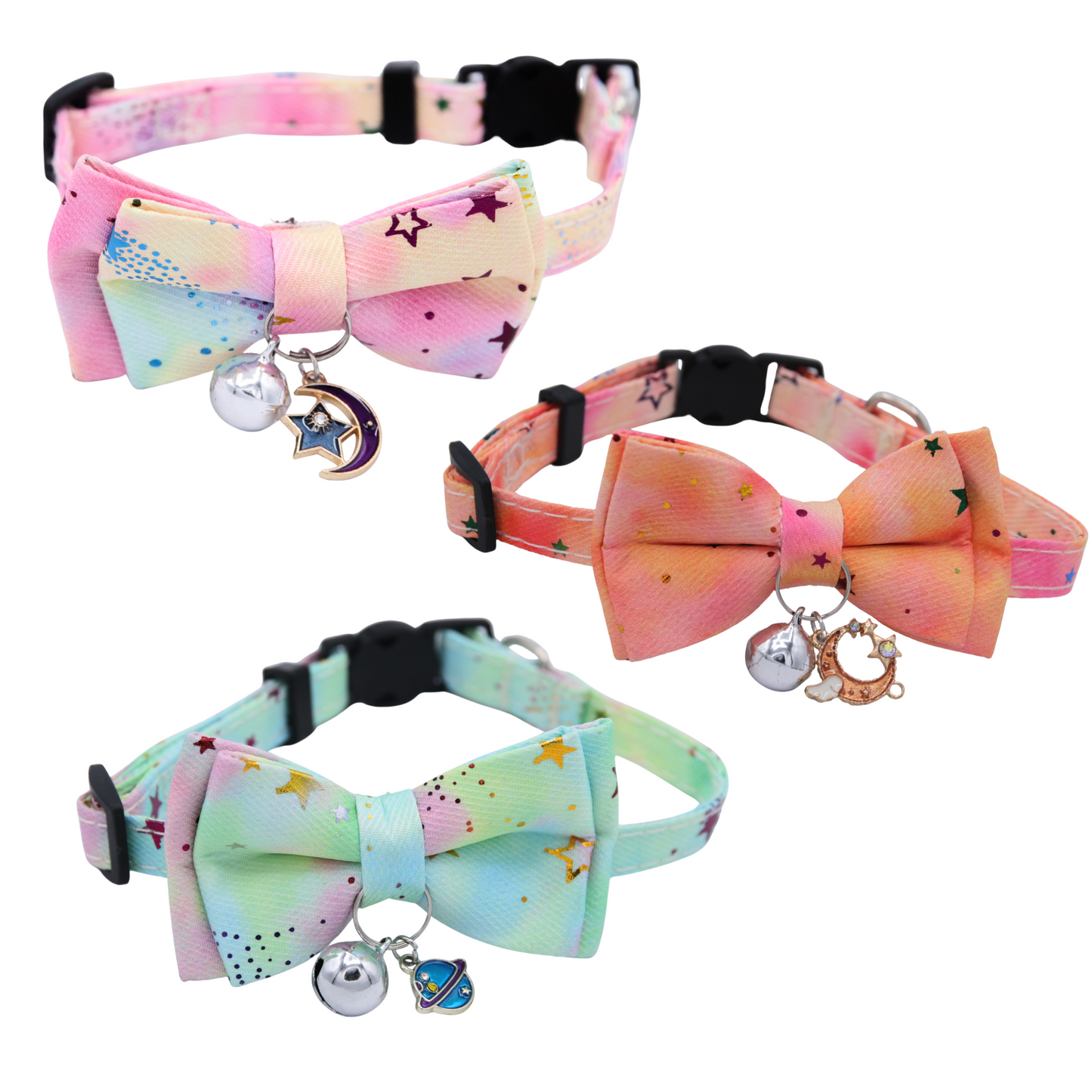 Dreamy Celestial Cat Collar with Bowtie & Bell – Moon & Star Charm (Pink)