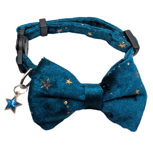 Cosmic Twilight – Teal Celestial Velvet Bowtie Cat Collar