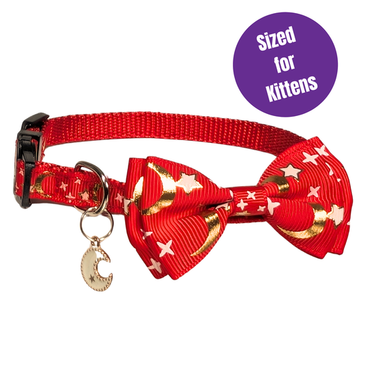Lunar Ember – Red Celestial Bowtie Kitten Collar (Small Size)