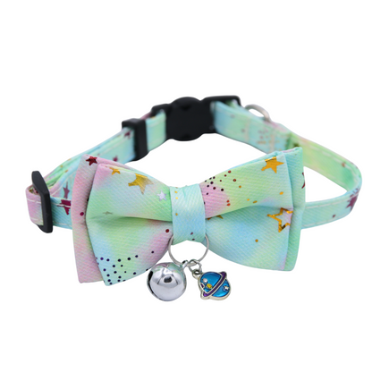 Dreamy Celestial Cat Collar with Bowtie & Bell – Planet Charm (Mint Green)