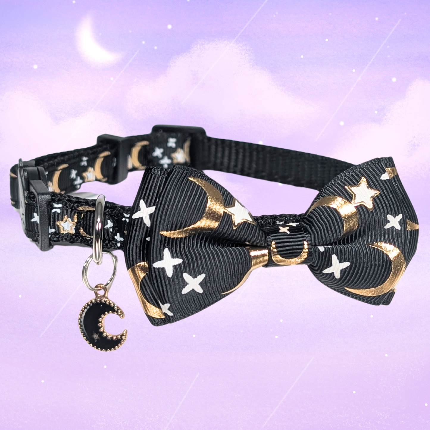 Midnight Moon – Black Celestial Bowtie Cat Collar (Adult Size)