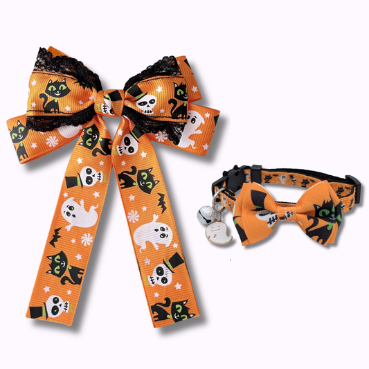 Halloween Pawsome pair - cat ghost hair bow and cat collar