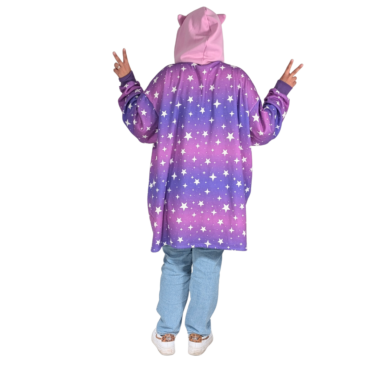 Cozy Hoodie Blanket with Cat Ears — Purple with Stars & Pink Hood