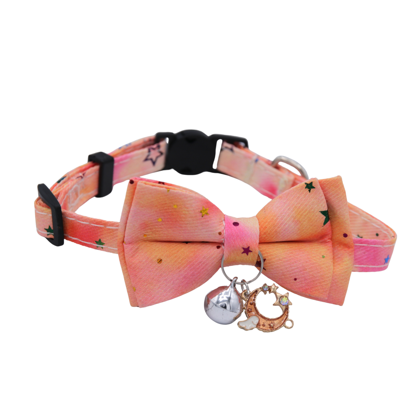 Dreamy Celestial Cat Collar with Bowtie & Bell – Moon & Cloud Charm (Peach)
