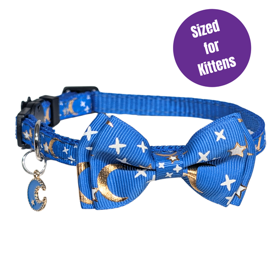 Cosmic Twilight – Blue Celestial Bowtie Kitten Collar (Small Size)