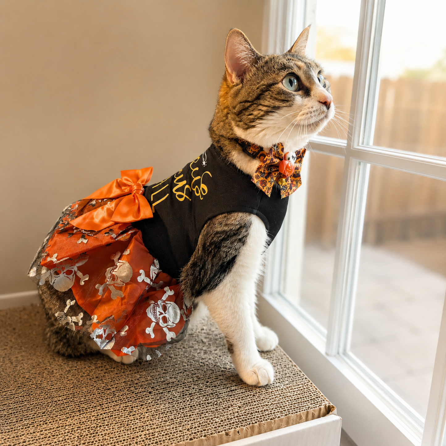 A tabby and white cat wearing a Halloween-themed pet costume, featuring a black vest with gold lettering, an orange ruffled skirt with skull patterns, and a patterned orange bow tie, sitting on a cat scratcher next to a window.