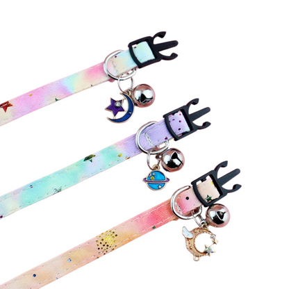 Dreamy Celestial Cat Collar with Bowtie & Bell – Moon & Cloud Charm (Peach)